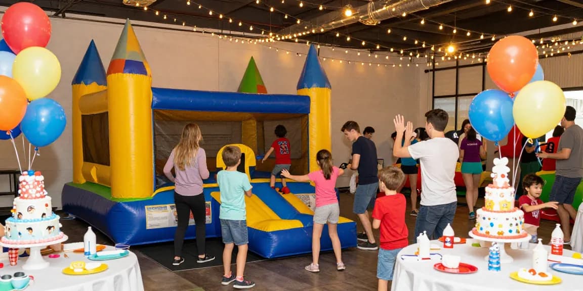 Children and adults enjoying a bounce house at https://123b.party/ with colorful decorations and festive atmosphere.