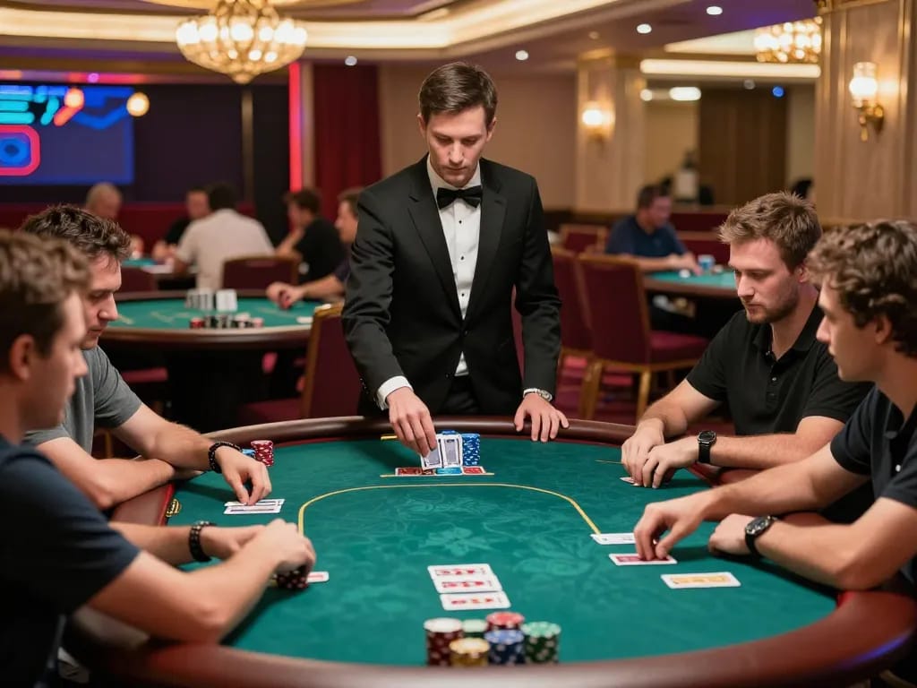 Players strategizing their bets at a 789WIN poker table in an upscale casino setting.