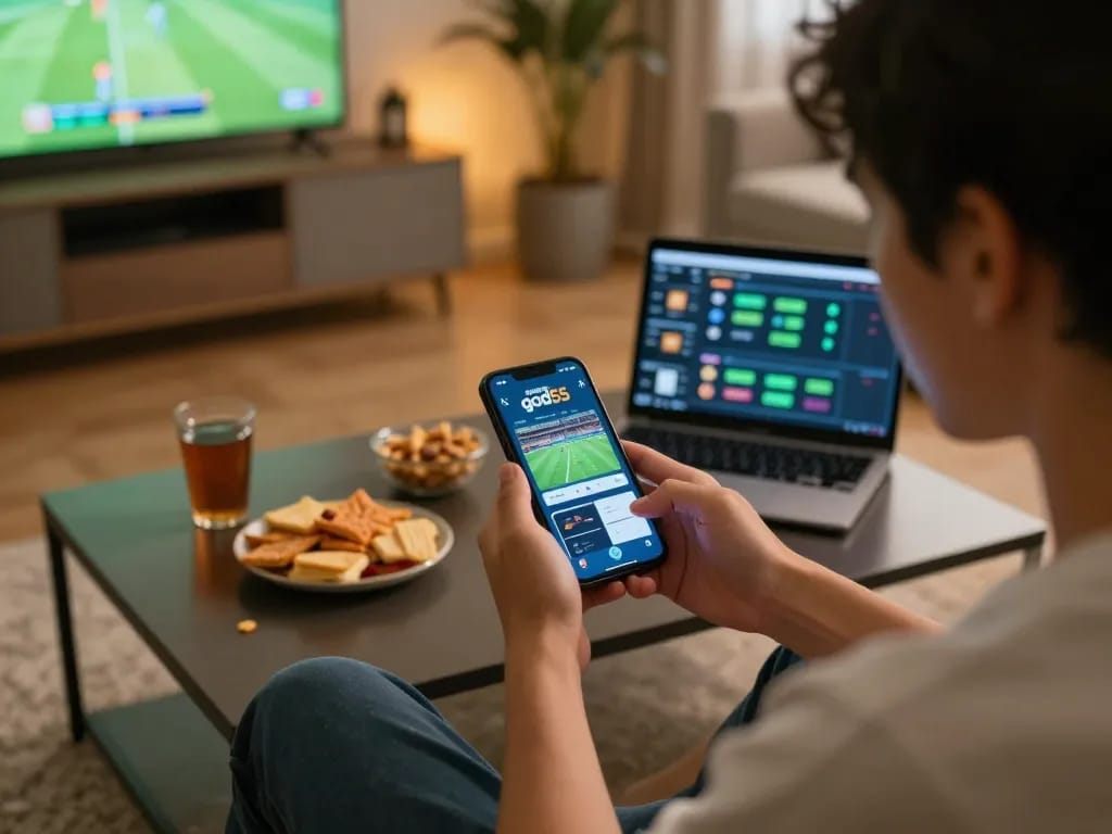 Excited player engaging with god55 betting app during live sports event at home, showcasing responsible gaming