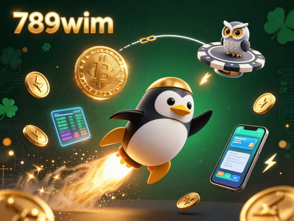 The 789wim penguin soars through a vibrant space scene, showcasing the excitement of crypto gaming.