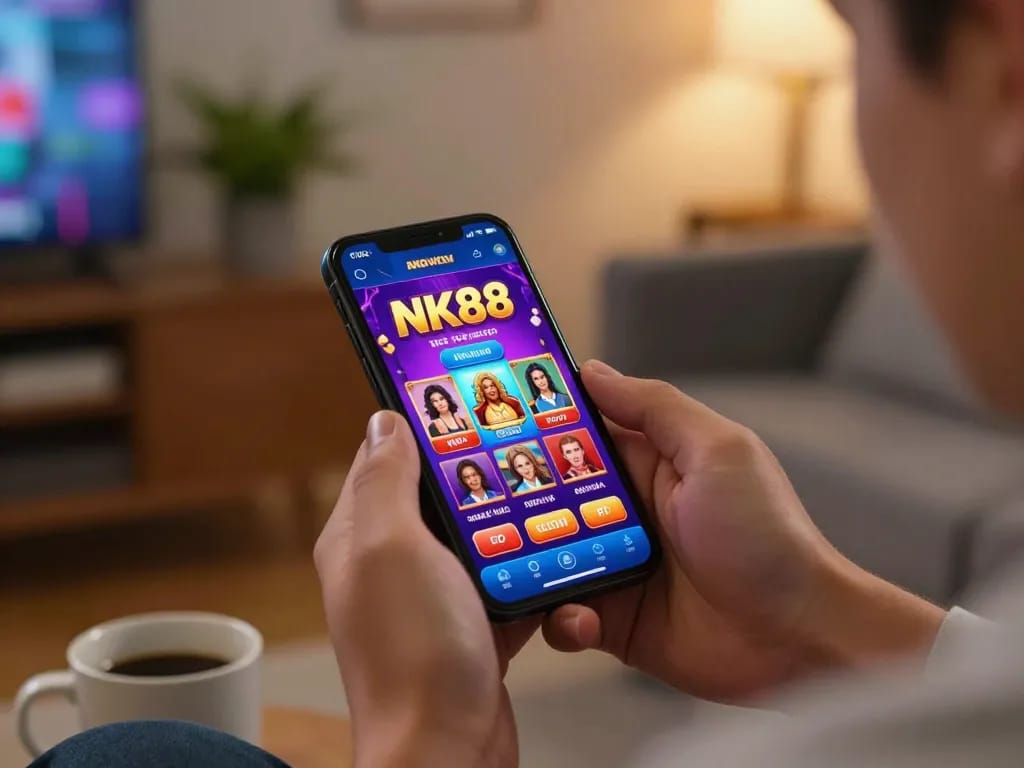 Engaging moment of a player enjoying NK88 mobile casino app on smartphone in a cozy living room