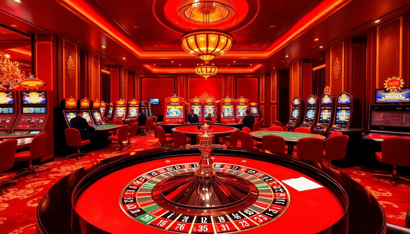 KJC casino atmosphere with vibrant roulette and poker tables, inviting gamblers for an exciting experience.