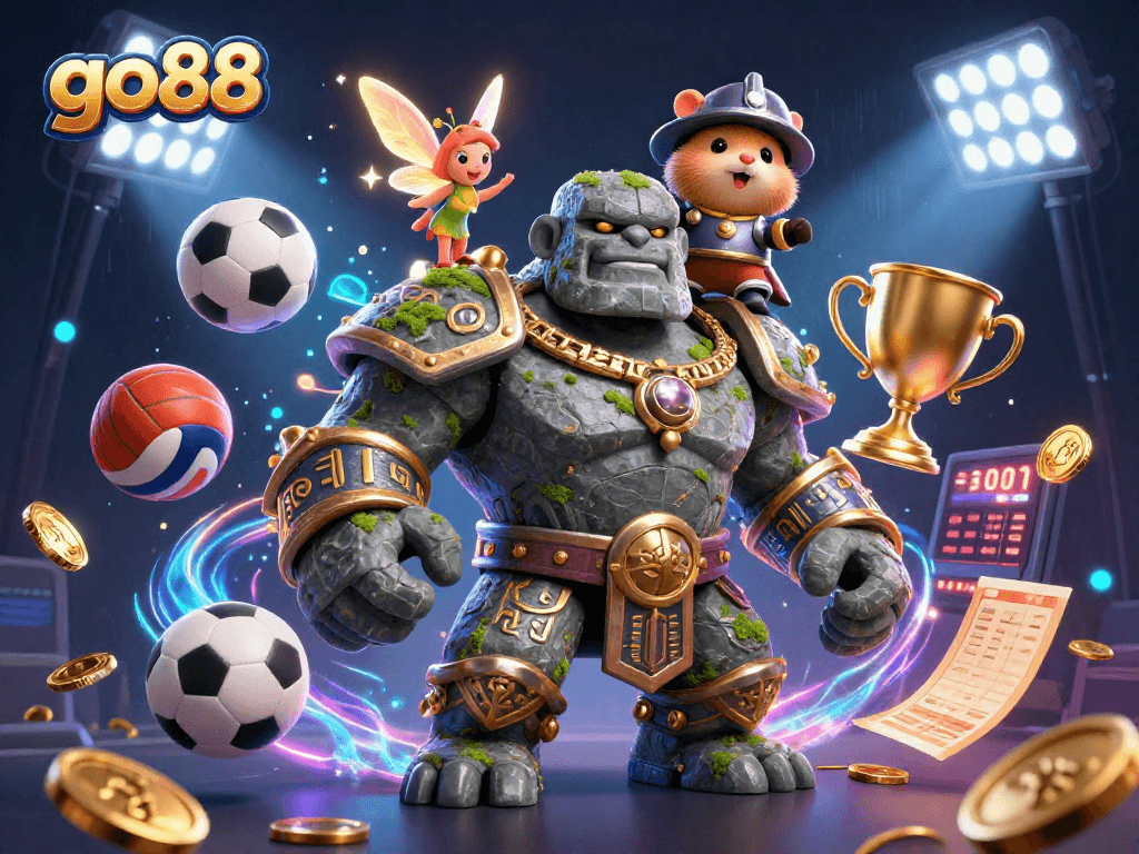 Experience the thrill of go88 with a dynamic scene featuring a golem, fairy, and hamster knight in an action-packed casino environment.
