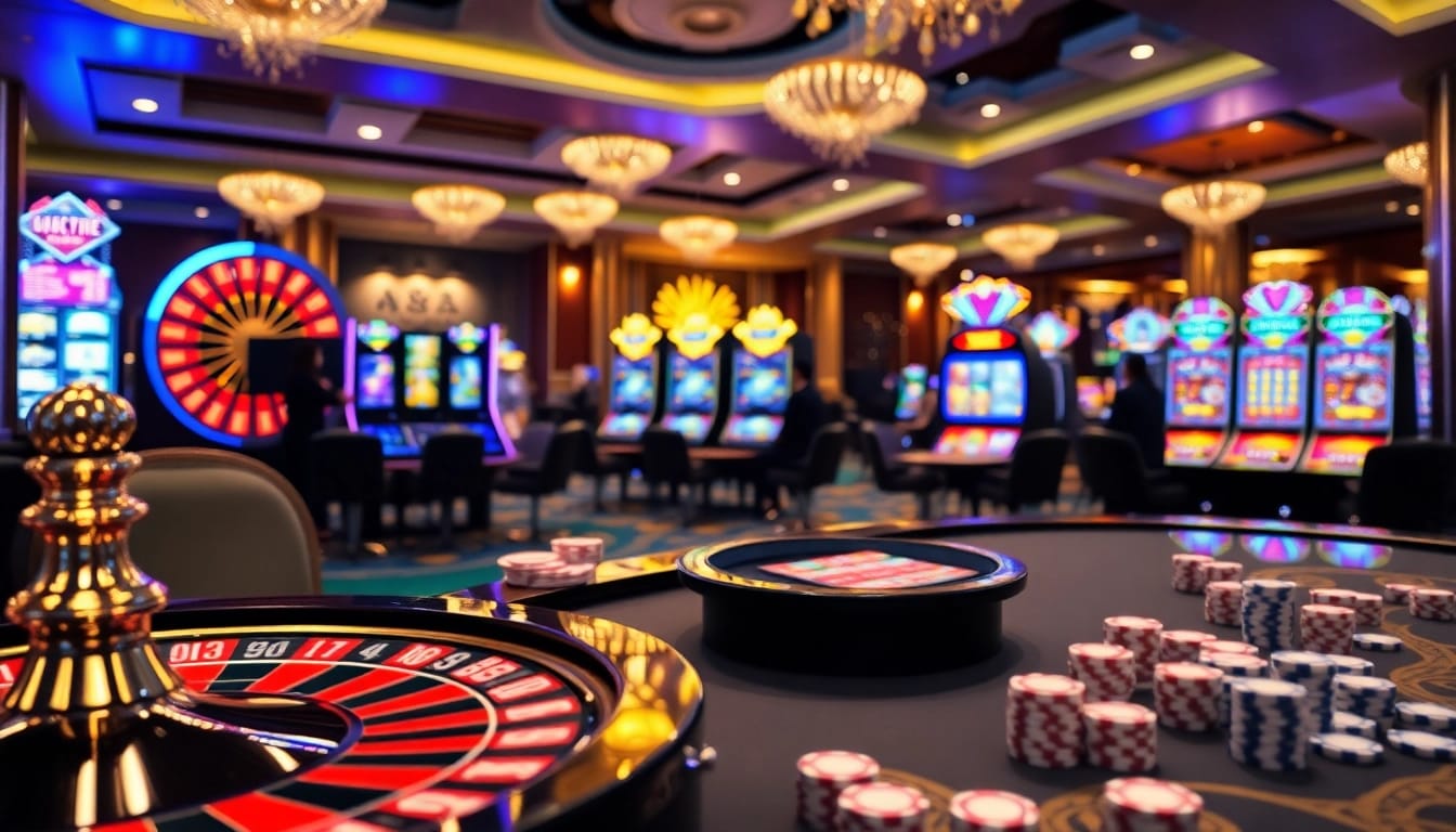 Exciting casino scene with players engaging at https://uu88xpj.com/ featuring roulette and slot machines.