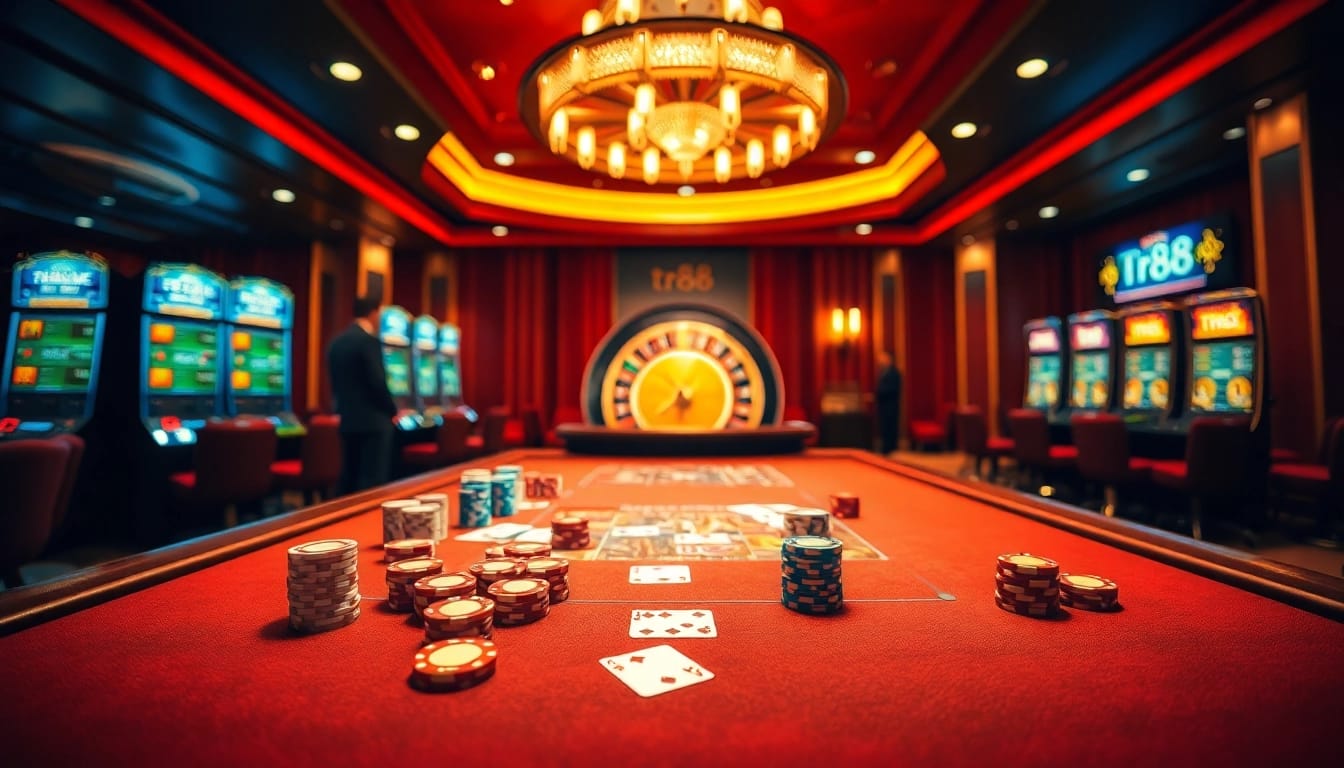Betting at a luxurious poker table with vibrant chips and cards, featuring tr88 themes.