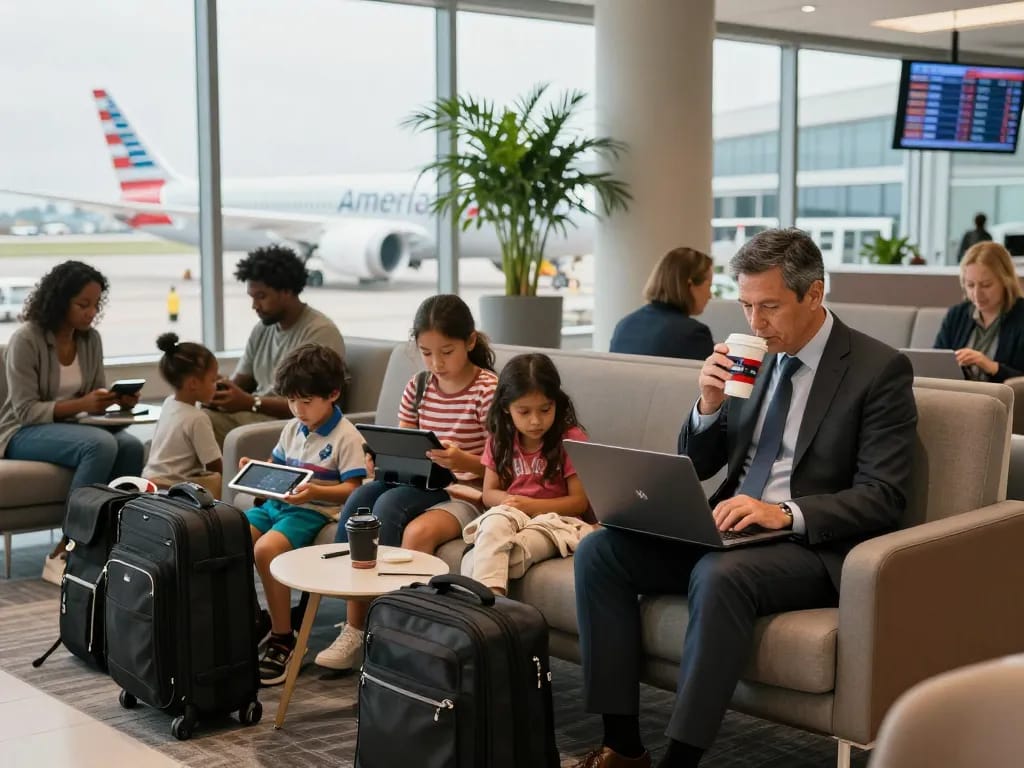 Travelers enjoying the American Airlines 787-9P experience in a bustling airport lounge, surrounded by comfort and anticipation.
