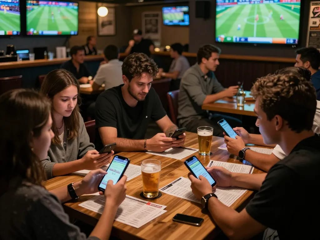 Engaged bettors analyzing kèo nhà cái in a lively sports bar, surrounded by screens and excitement.