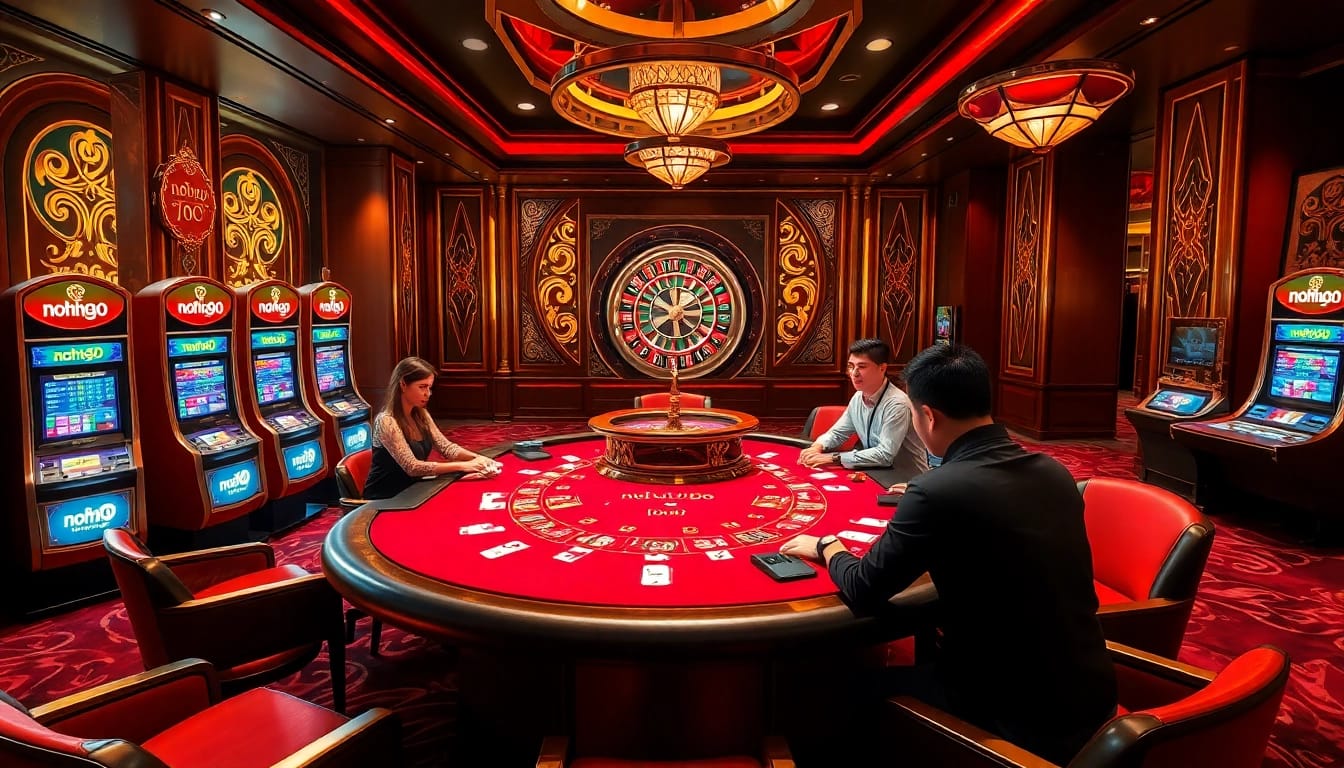 Nohu90 players strategizing at a luxurious poker table in an elegant casino setting.