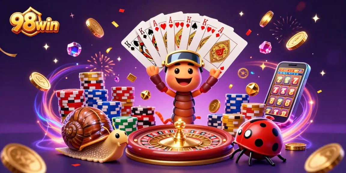 Experience the excitement of 98win with a cartoon dealer and animated casino elements.