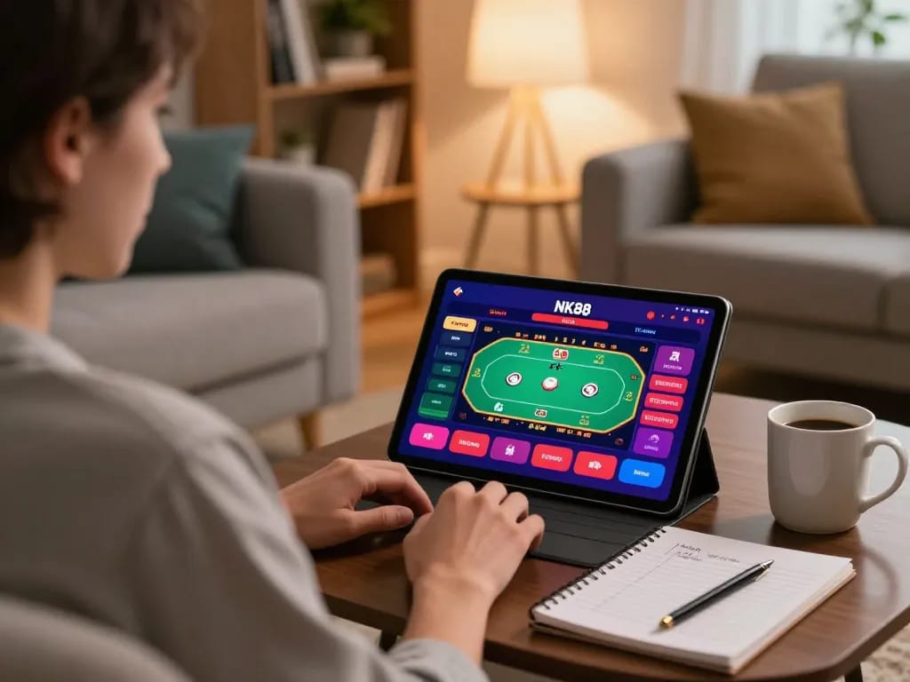 Engaging player using NK88 casino app on a tablet for online gaming