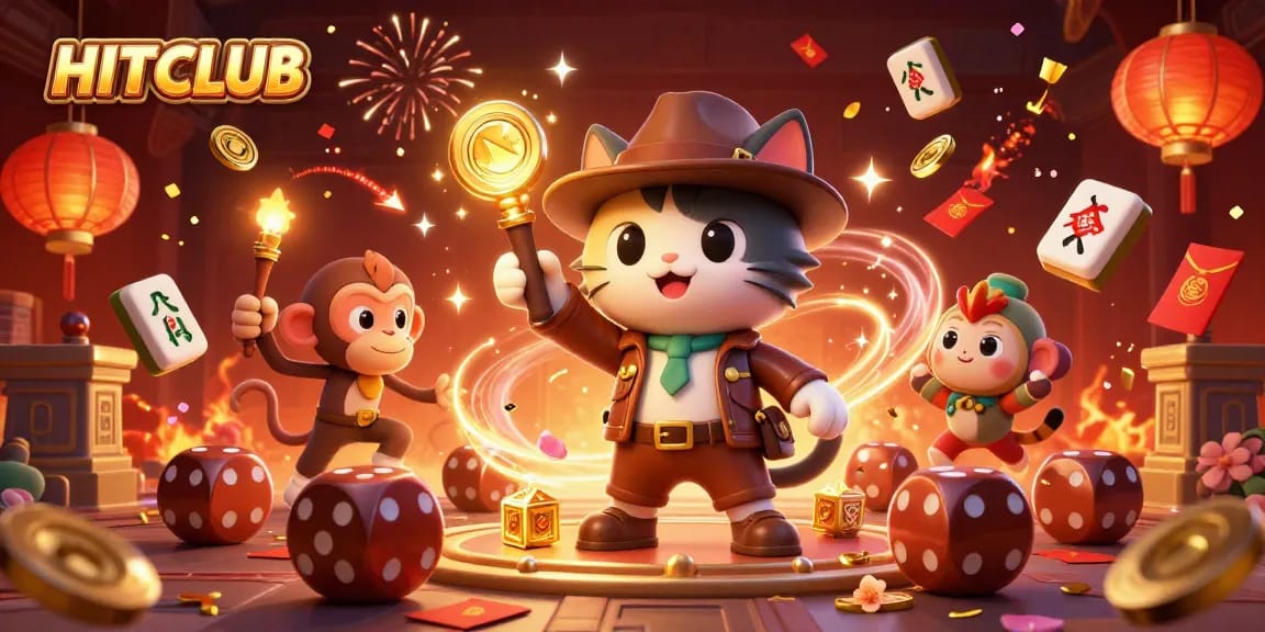 Engage with HITCLUB's thrilling casino adventure featuring an explorer cat and vibrant symbols.