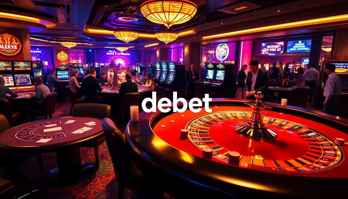 Experience the thrill of debet gambling with vibrant casino scenes featuring poker tables and roulette wheels.