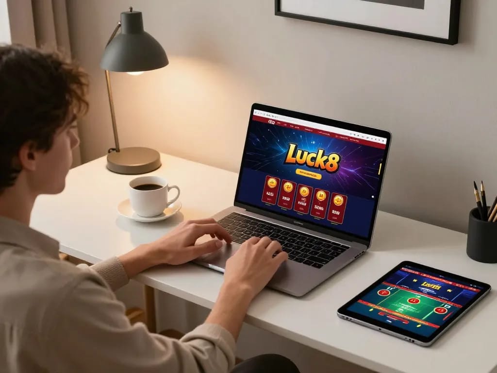 Engaging in online gaming at Luck8 with vibrant casino interface on laptop screen.