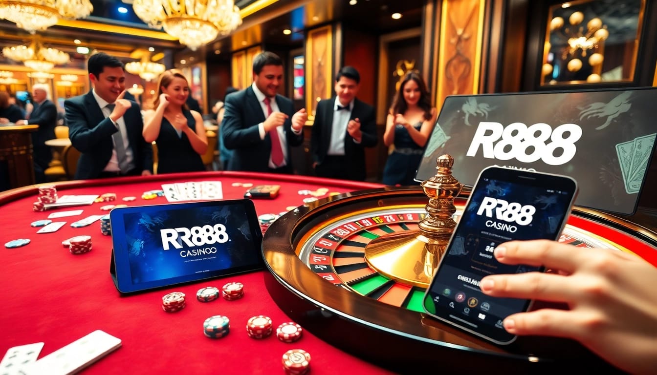 Experience the excitement of RR88 with a luxurious casino scene full of poker chips and a roulette wheel.