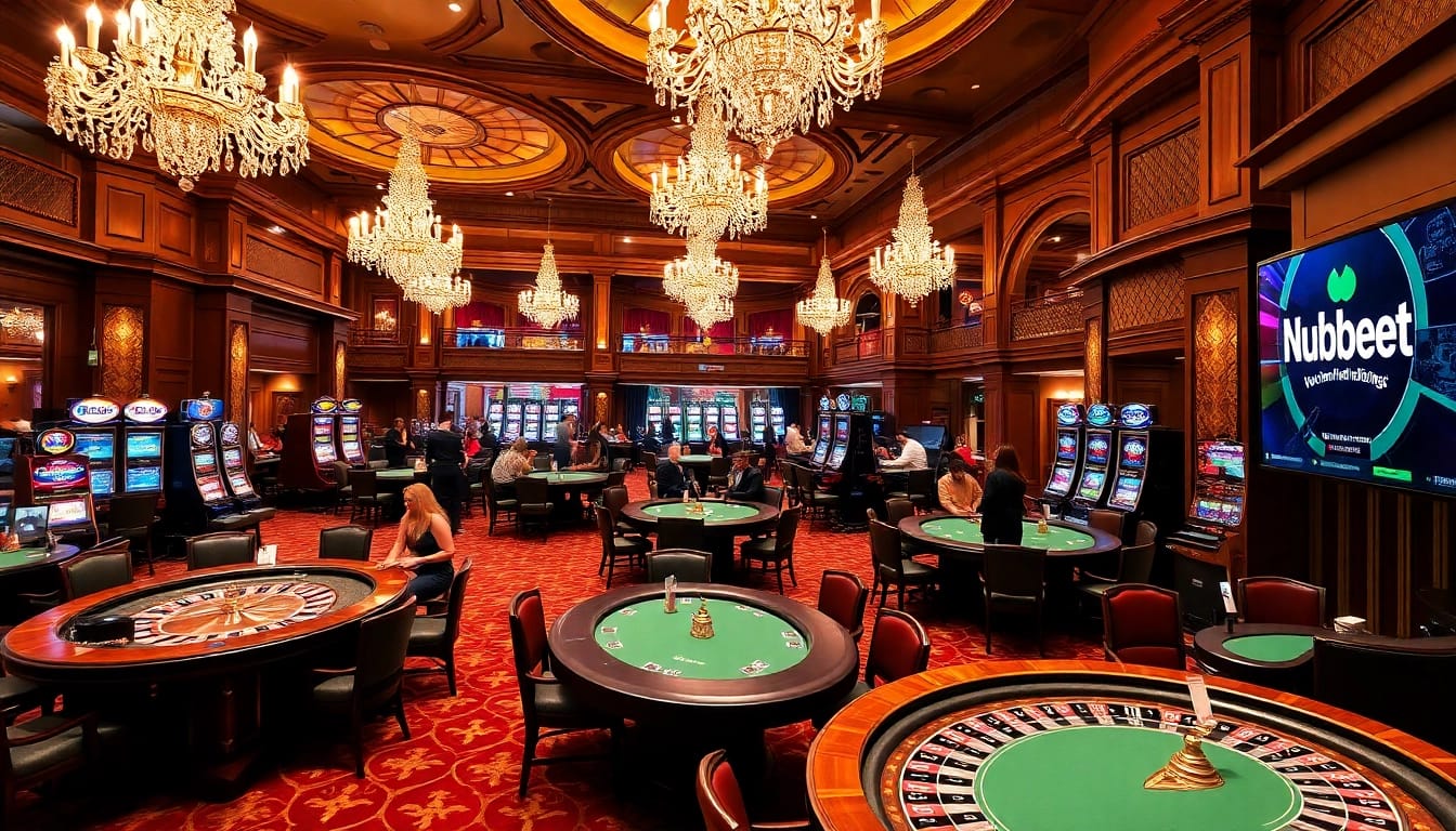 Mubet symbolizes a high-stakes casino scene with players engaged at poker tables and vibrant slot machines.