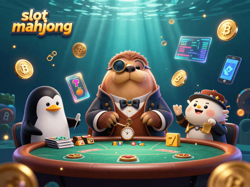 Engage with the excitement of slot mahjong featuring a walrus, penguin dealer, and pufferfish player in a vibrant underwater casino scene.