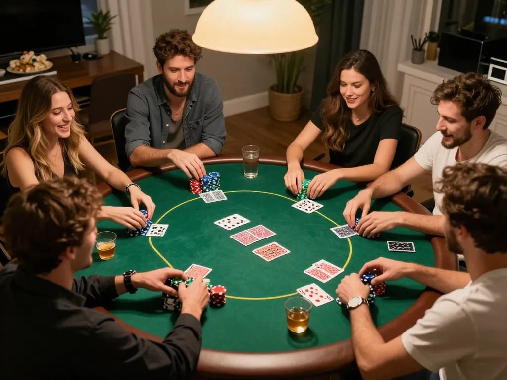 nk88 poker night with friends around a colorful chip-stacked table, excitement in the air