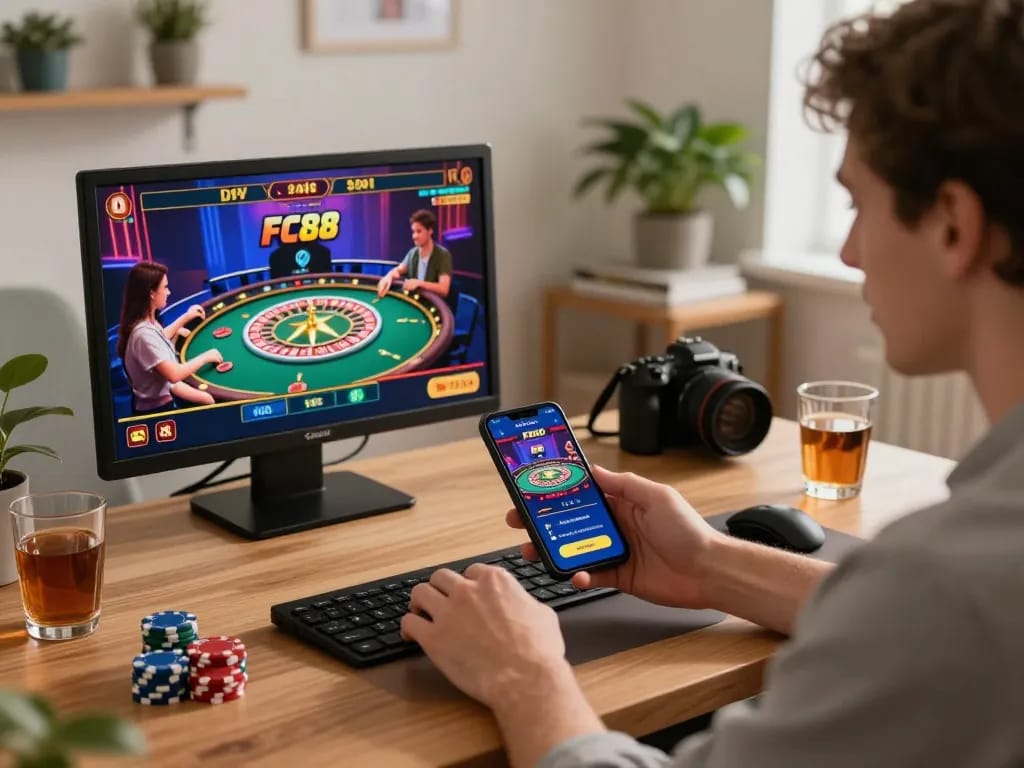 Engaging in an online FC88 live dealer game with smartphone in cozy home setting.