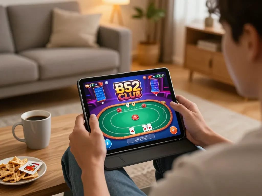 B52club player enjoying a dynamic online poker game on a tablet in a cozy environment.
