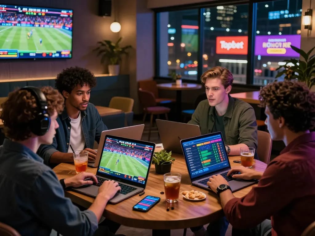 Exciting scene of diverse sports fans engaging with Topbet's digital sportsbook in a lively lounge setting.