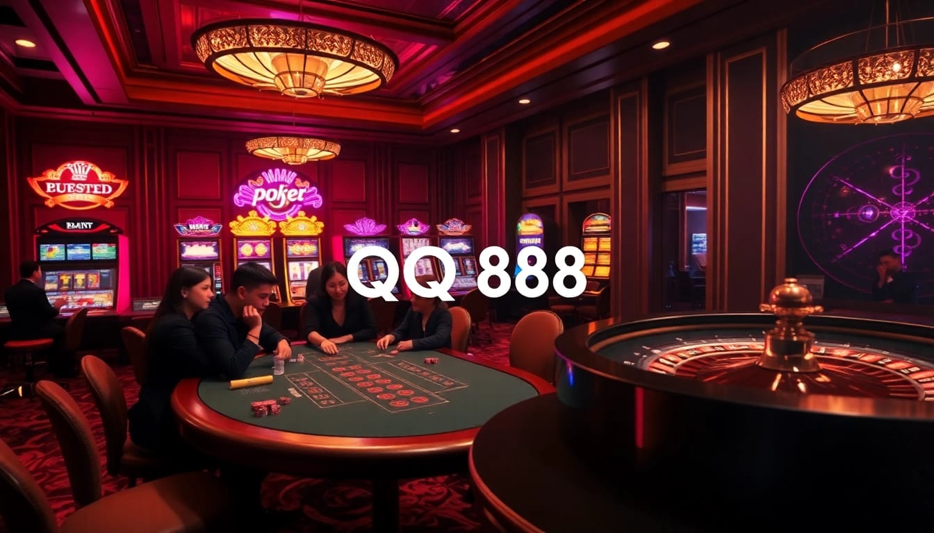 Players enjoying a thrilling poker game at QQ88 casino, with vibrant slot machines and roulette.