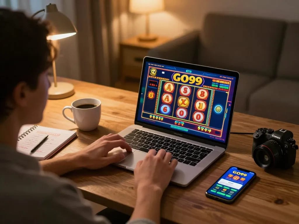Player engaged in an online slot game at GO99, showcasing a vibrant gaming setup and strategy notes.