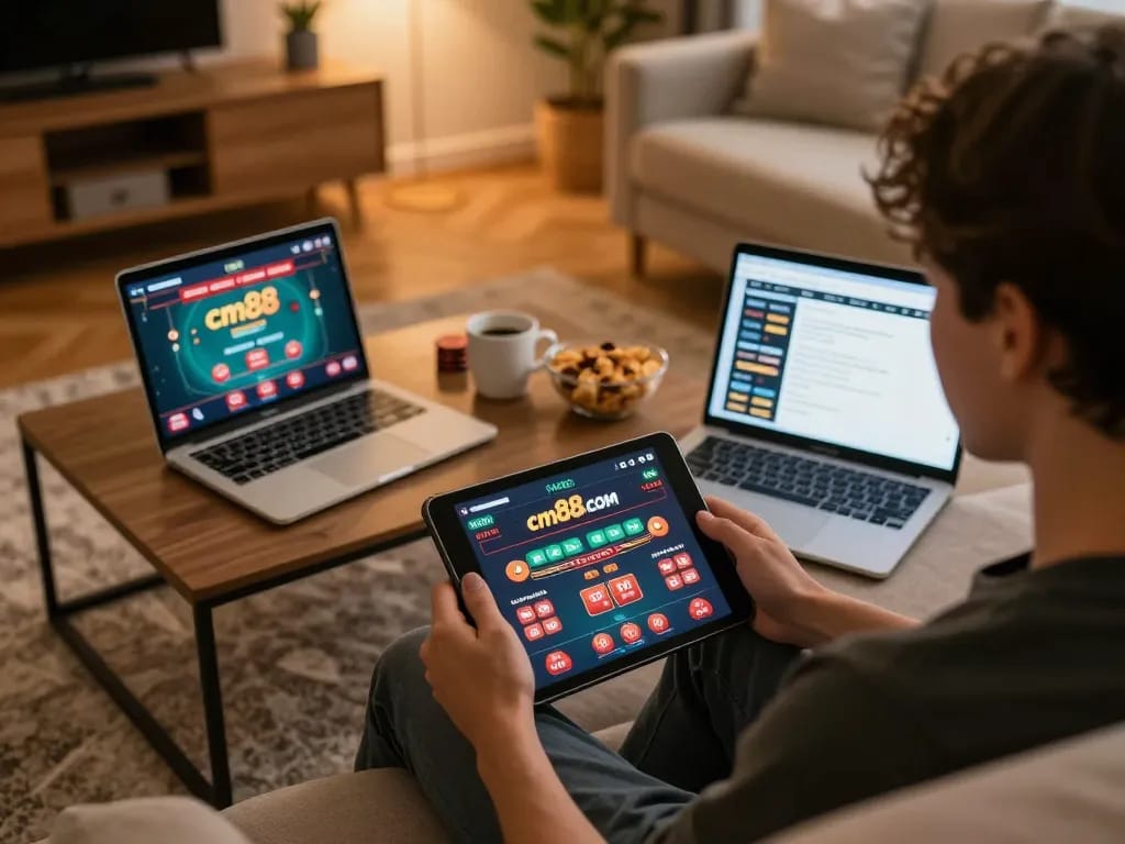Engaging with the cm88com app on a tablet in a cozy home gaming setup