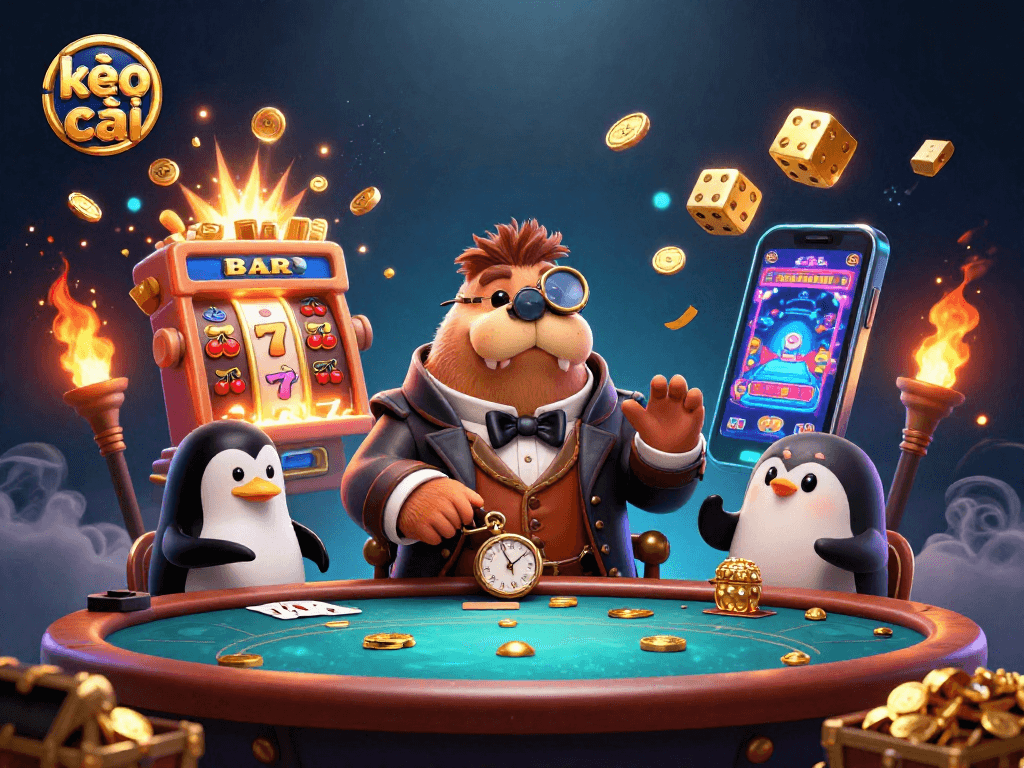Kèo nhà cái features a jolly walrus playing poker at an underwater casino with vibrant graphics.