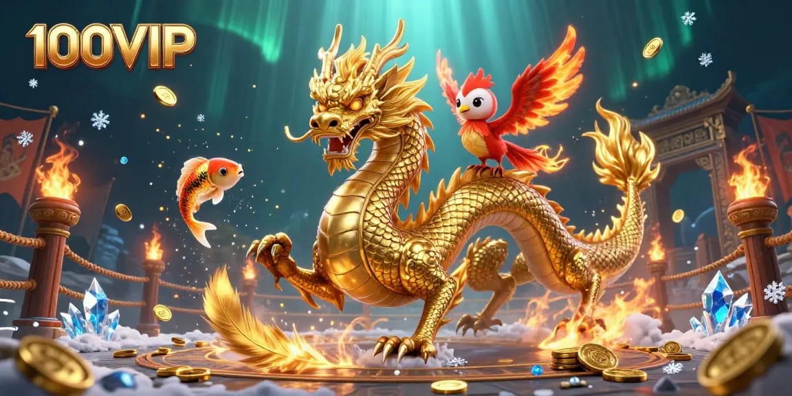 100VIP showcases a vibrant dragon and phoenix illustration amid shimmering coins and gambling elements.