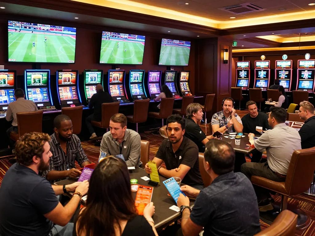 Tỷ lệ kèo nhà cái hôm nay shown in an active sports betting lounge with fans placing bets.