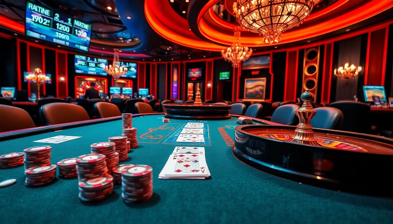 Tỷ lệ kèo displayed prominently on vibrant casino tables with poker chips and cards, inviting excitement.