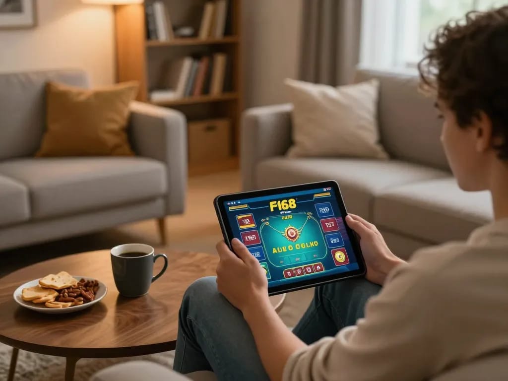 Enjoying live dealer games on F168 tablet while relaxing at home