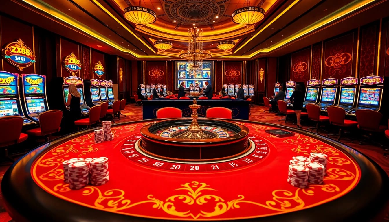 A vibrant casino scene with poker chips and a roulette wheel, showcasing ZX88's exciting gaming atmosphere.