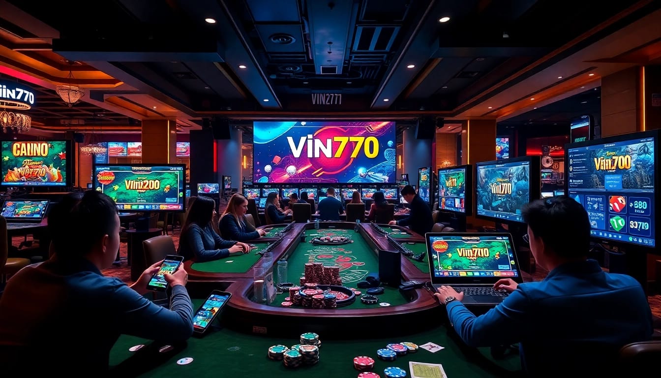 Explore the vibrant world of online gambling at vin777.gb.net - showcasing players enjoying diverse casino games in a modern digital setting.