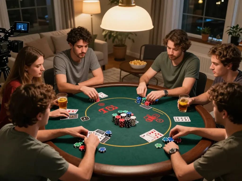 Group of friends participating in a lively poker night, focusing on ty le bong da and strategic gameplay in a cozy home setting.
