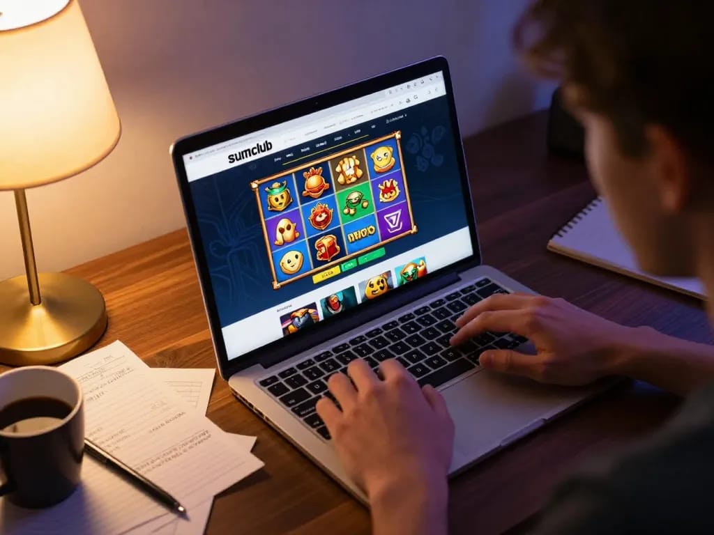 Player immersed in online gaming at sumclub, showing slot game interface and strategy notes.
