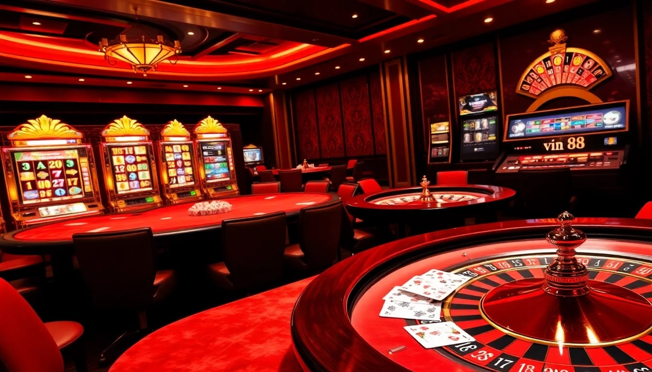 Experience the thrill of vin 88 with luxurious casino tables, vibrant slot machines, and professional gaming atmosphere.
