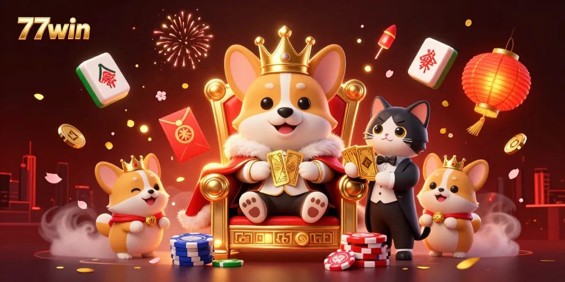 Experience thrilling moments at 77win with this vibrant illustration of a royal corgi throne surrounded by gaming essentials.