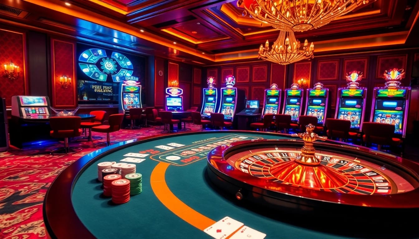 Cena do cassino KK55 com mesas vibrantes e ambiente luxuoso para jogadores engajados.