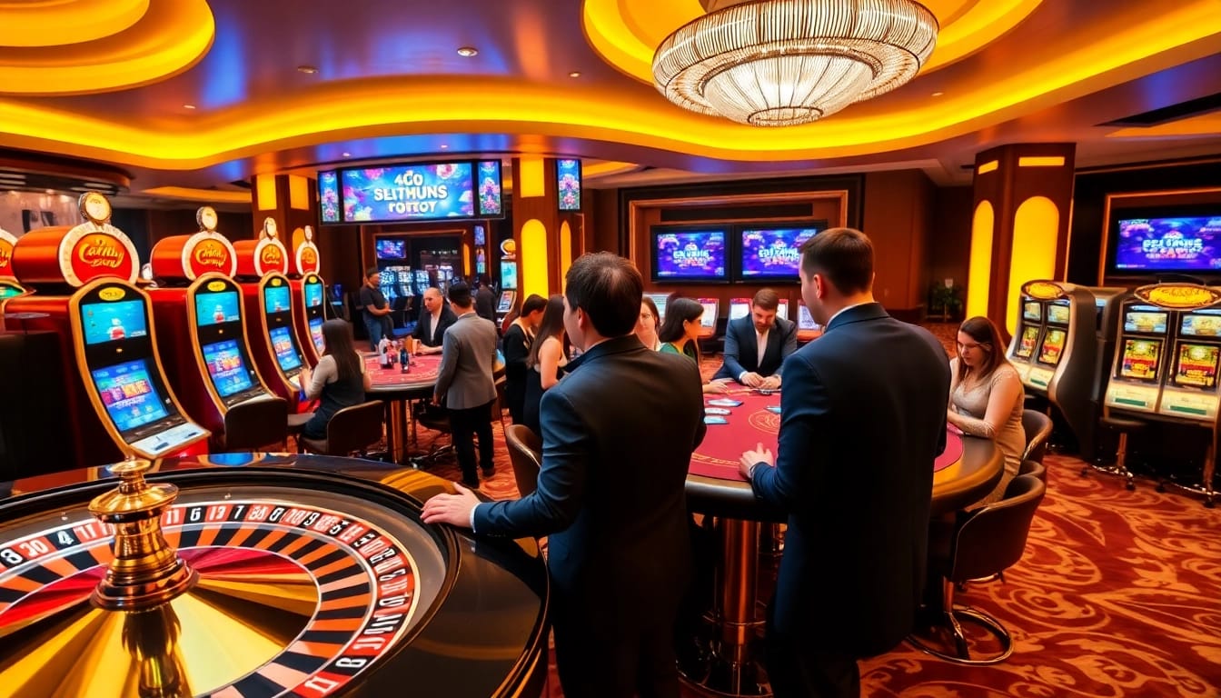 Experience the thrill of MMOO casino with vibrant slot machines and a luxurious poker table.