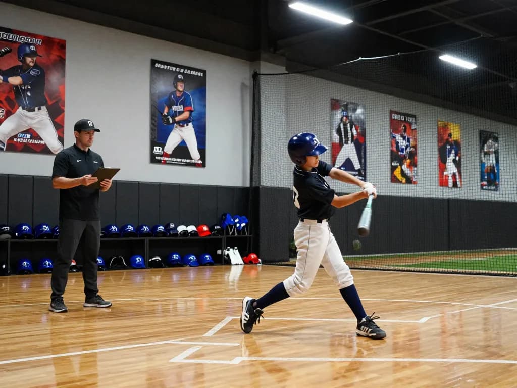 Young athlete training at hitclub baseball facility with coach and gear.
