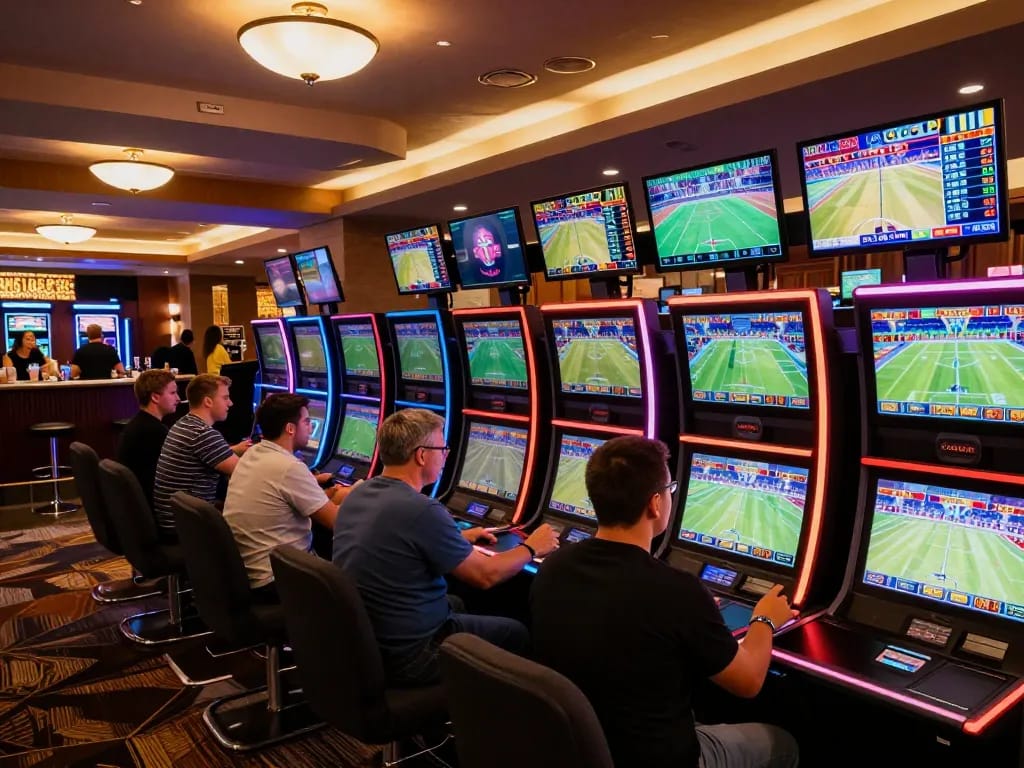 View of energetic sports betting at atq com's casino, showcasing vibrant screens and engaged bettors.