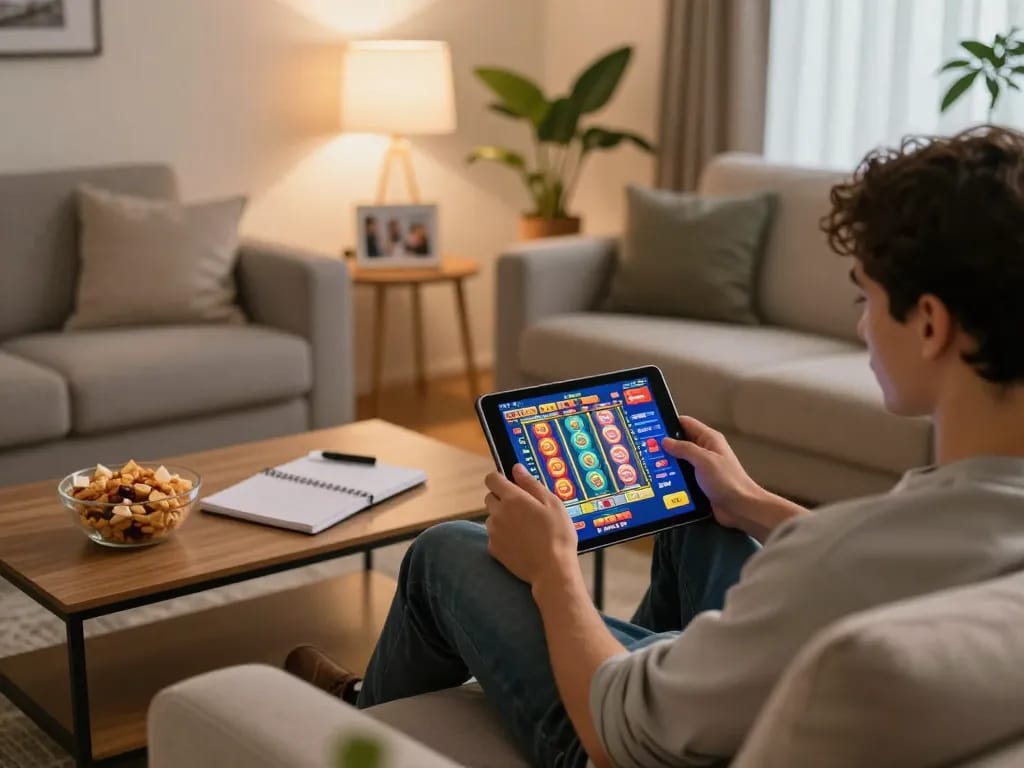 mu88 player enjoying a colorful slot game on a tablet in a cozy living room