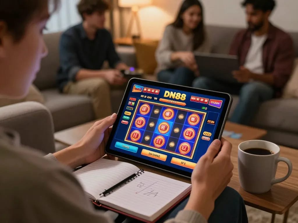 Engaging gameplay at DN88 com casino app showing vibrant slot games on a tablet.