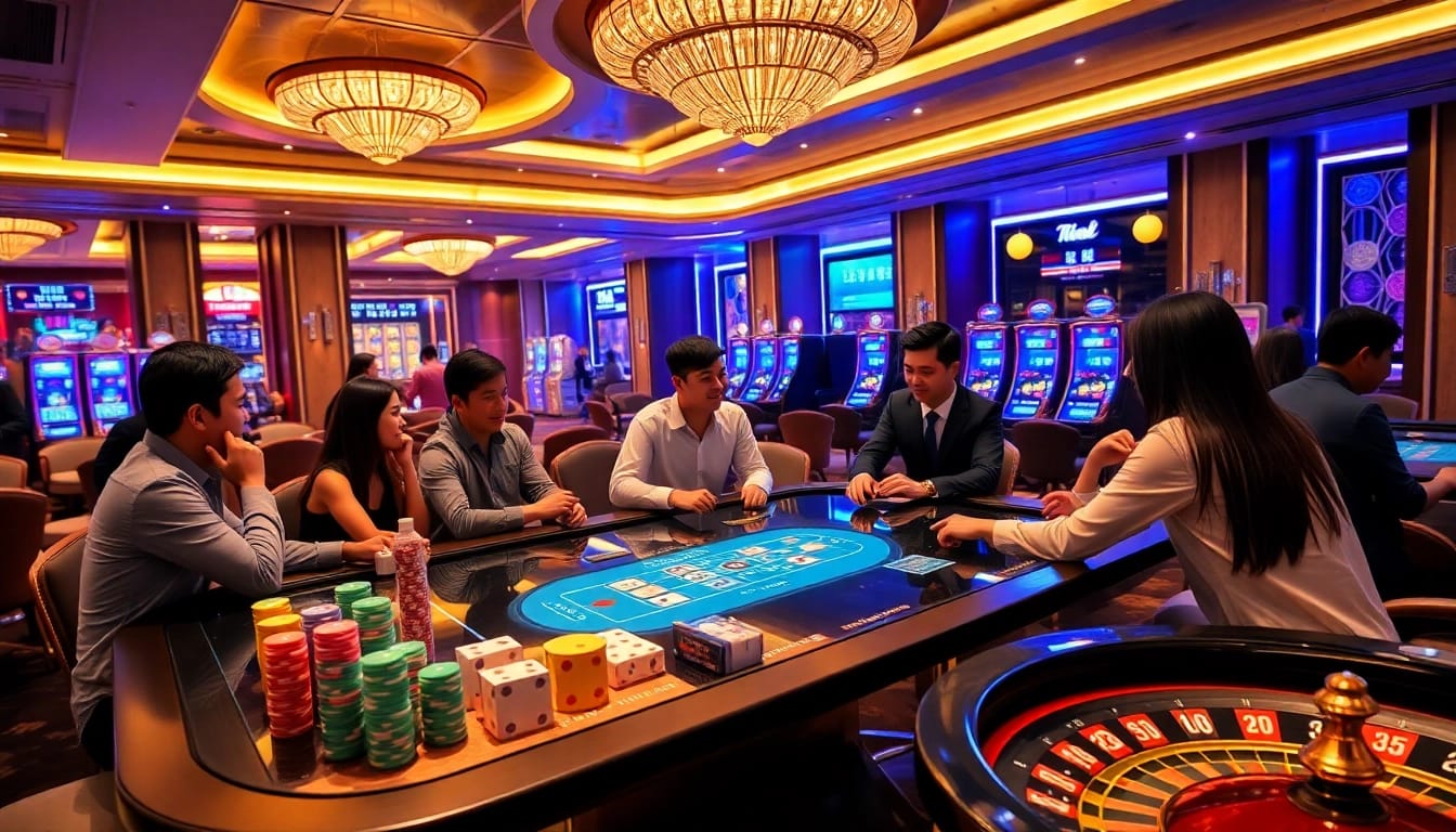 Tai Xiu MD5 gaming table with players in a lively online casino atmosphere.