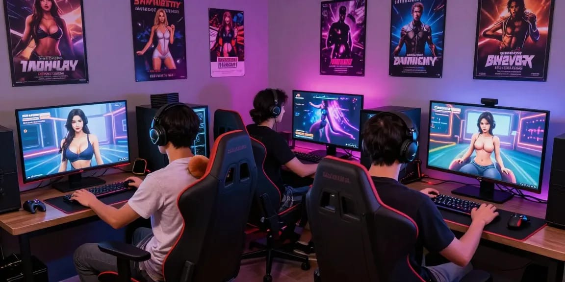 Group enjoying interactive game sex experiences in a vibrant gaming room with screens