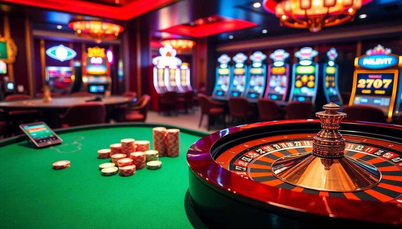 Experience the thrill of online gambling at https://nk88top.com/ with vibrant roulette wheels and poker chips.