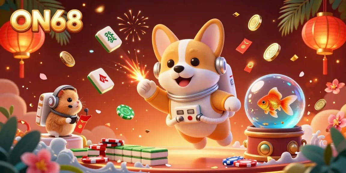 Engage with ON68 in an immersive online casino experience featuring 3D characters in a vibrant scene.