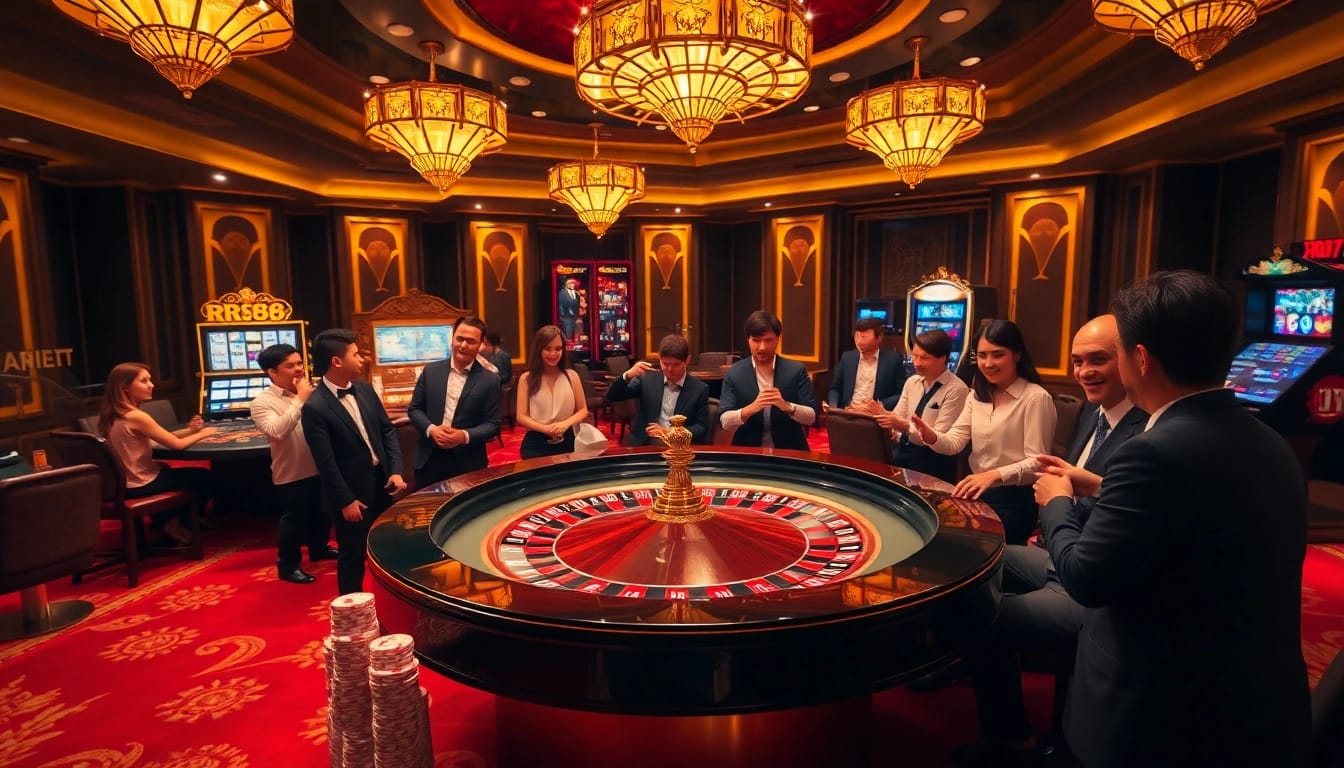 RR88 roulette table in an elegant casino scene, filled with vibrant poker chips and excited players.