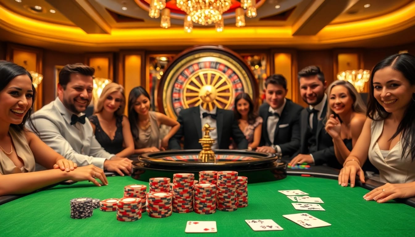Engage in thrilling casino action at LC88 with vibrant poker chips and an exciting roulette wheel.
